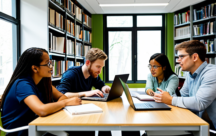 **
"A diverse study group collaborating in a well-lit library, fully clothed and engaged in discussion, surrounded by textbooks and notes, laptops open, safe for work, professional, appropriate content, perfect anatomy, natural proportions, family-friendly environment, illustrating teamwork and support."
**