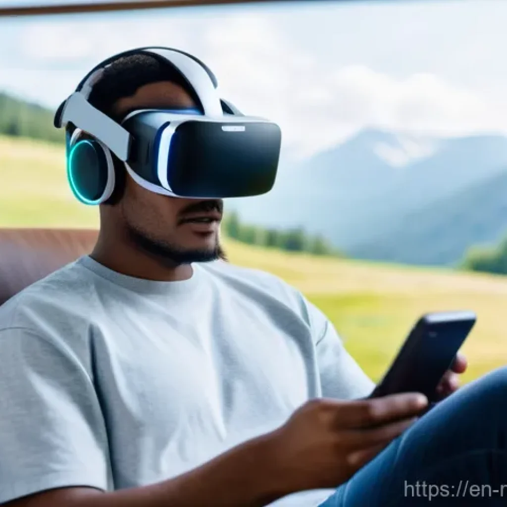 정신건강 분야의 최신 트렌드 - **Prompt:** A young adult, gender-neutral, wearing a modern, sleek virtual reality headset and comfo...