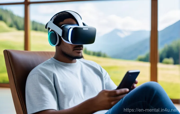정신건강 분야의 최신 트렌드 - **Prompt:** A young adult, gender-neutral, wearing a modern, sleek virtual reality headset and comfo...