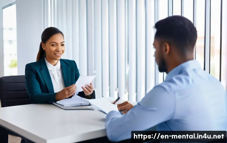 정신건강 상담사의 직무 평가 - A professional mental health counseling session in a modern, warmly lit office, showing a diverse co...