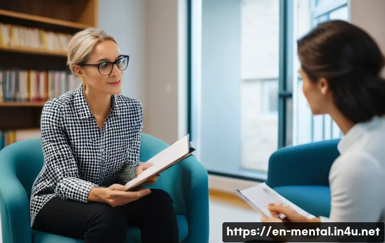 정신건강 상담사 직무별 역할과 책임 - A professional mental health counselor conducting a detailed client assessment in a cozy, modern the...