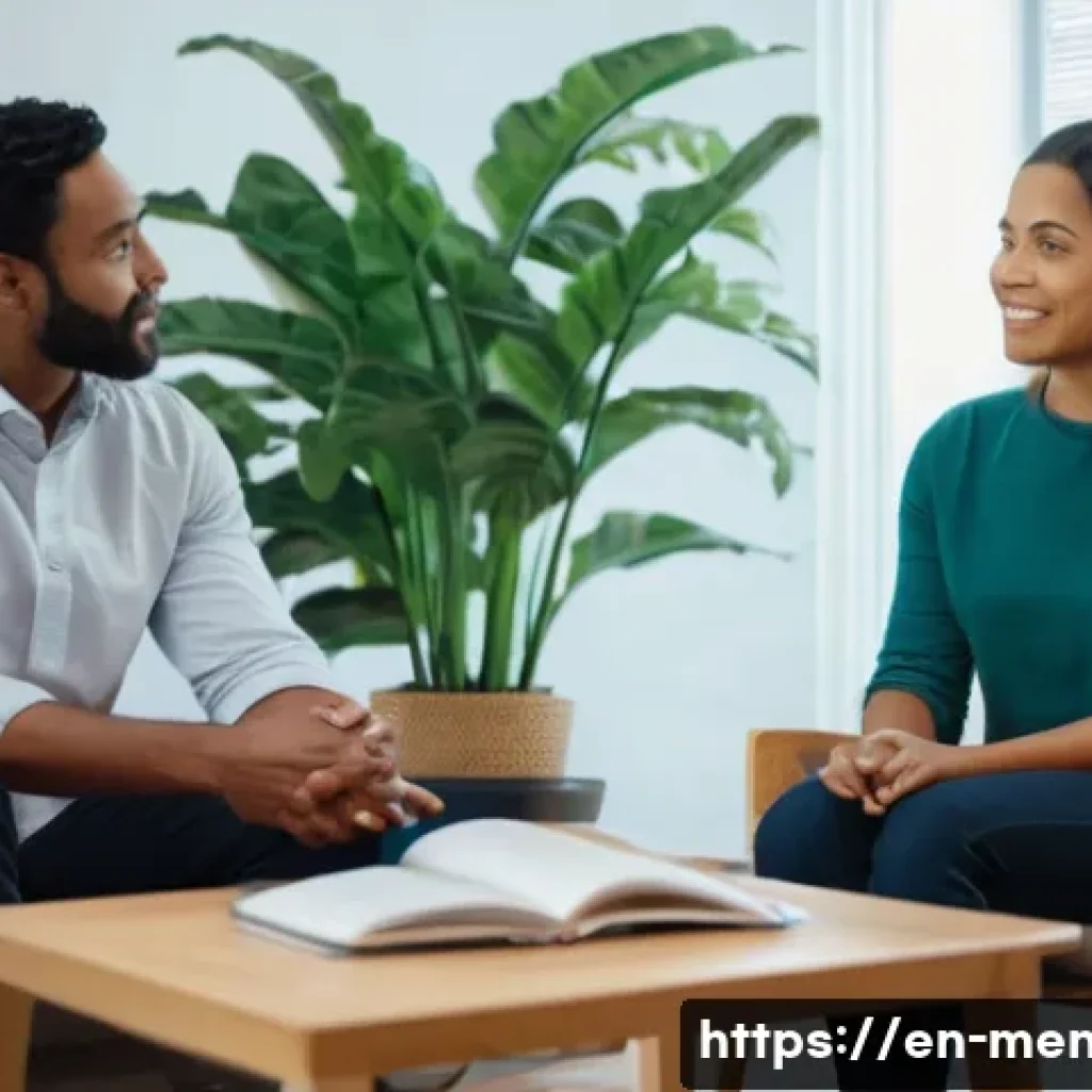 정신건강 상담 사례 분석 - A warm, inviting counseling session scene featuring a diverse adult client and therapist seated comf...