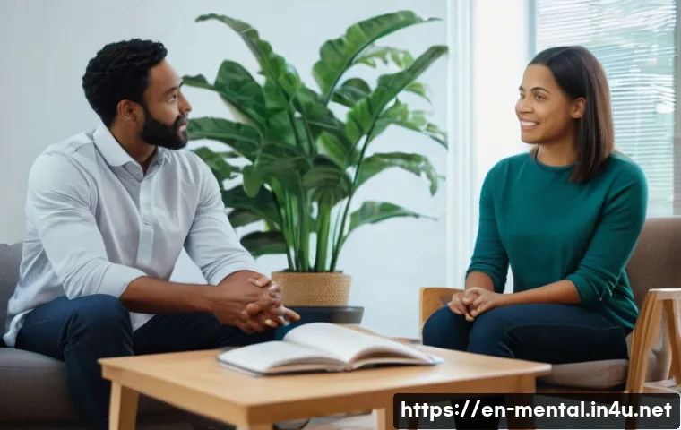 정신건강 상담 사례 분석 - A warm, inviting counseling session scene featuring a diverse adult client and therapist seated comf...