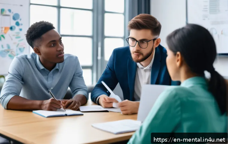 정신건강 분야 자격증 취득 과정 - A professional mental health certification exam study session scene: a diverse group of young adults...