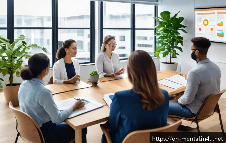 정신건강 전문가 필수 교육 - A modern office setting showing a diverse group of professionals engaged in a mental health workshop...