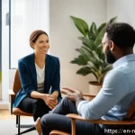 정신건강 전문가 업무 수행법 - A warm, inviting therapy session scene in a modern, softly lit office with a diverse adult client an...