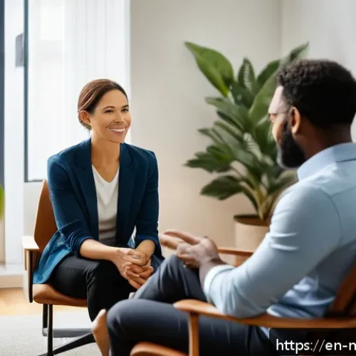 정신건강 전문가 업무 수행법 - A warm, inviting therapy session scene in a modern, softly lit office with a diverse adult client an...