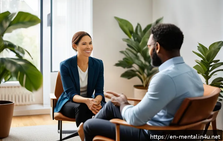 정신건강 전문가 업무 수행법 - A warm, inviting therapy session scene in a modern, softly lit office with a diverse adult client an...