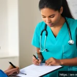정신건강 분야 실기 시험 - A professional clinical setting showing a diverse group of medical students practicing mental health...