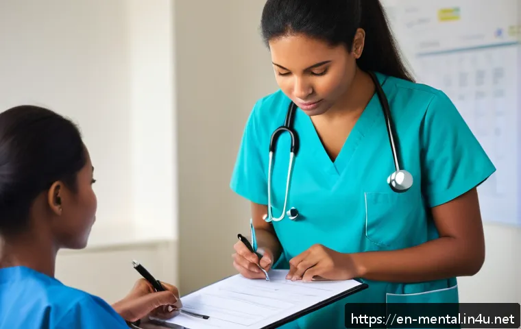 정신건강 분야 실기 시험 - A professional clinical setting showing a diverse group of medical students practicing mental health...