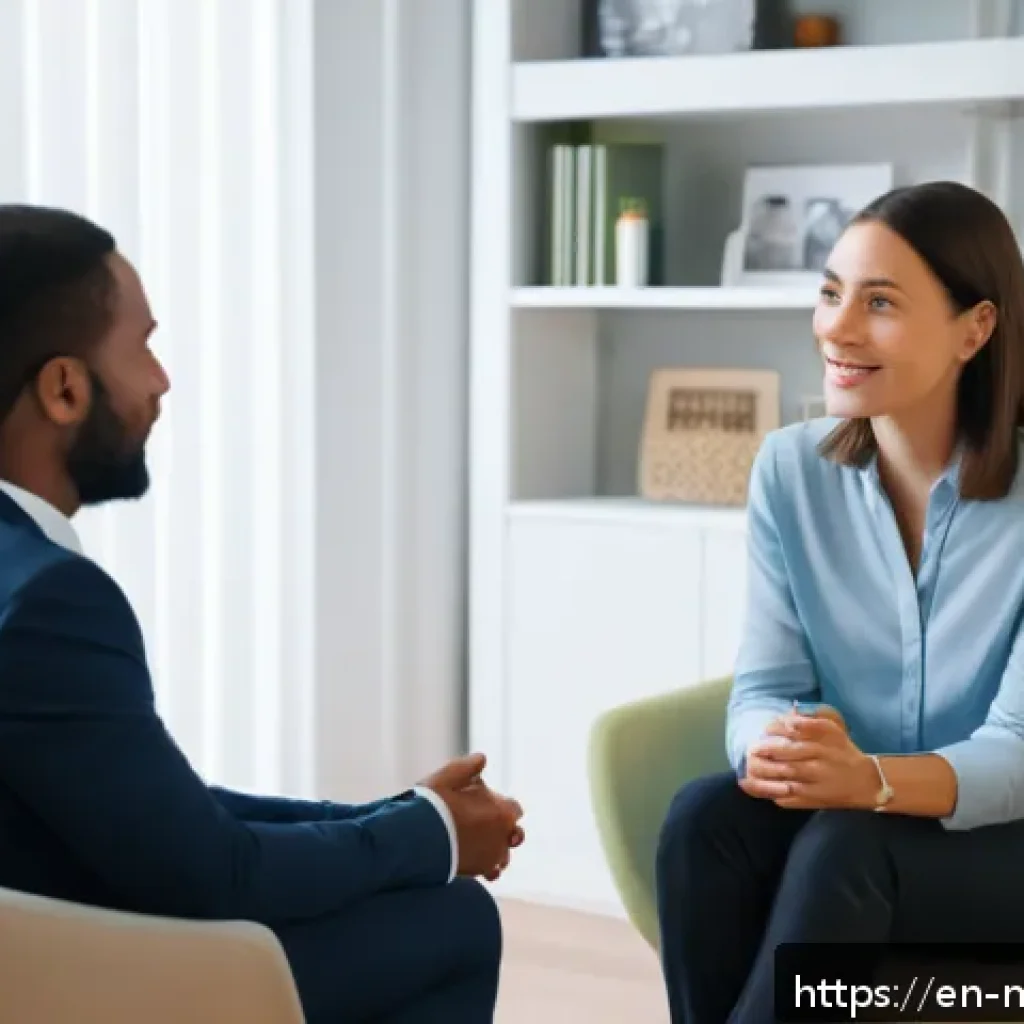 정신건강 상담사의 경력 쌓기 - A professional counseling session scene in a modern, cozy therapy office with a diverse adult client...