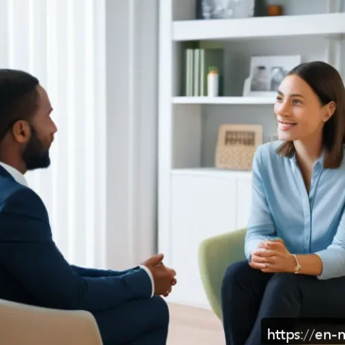 정신건강 상담사의 경력 쌓기 - A professional counseling session scene in a modern, cozy therapy office with a diverse adult client...