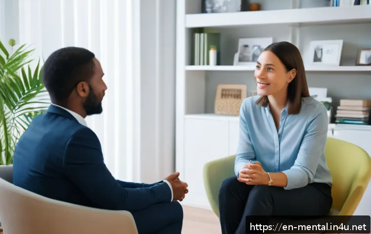 정신건강 상담사의 경력 쌓기 - A professional counseling session scene in a modern, cozy therapy office with a diverse adult client...