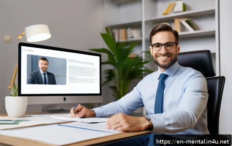정신건강 상담사 이직 전략 - A professional mental health counselor conducting a teletherapy session from a modern home office, f...