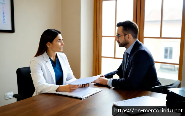 Home 17 정신건강 전문가 연봉 협상 사례 - Photorealistic private salary negotiation meeting between a mental health professional and a clinic ...